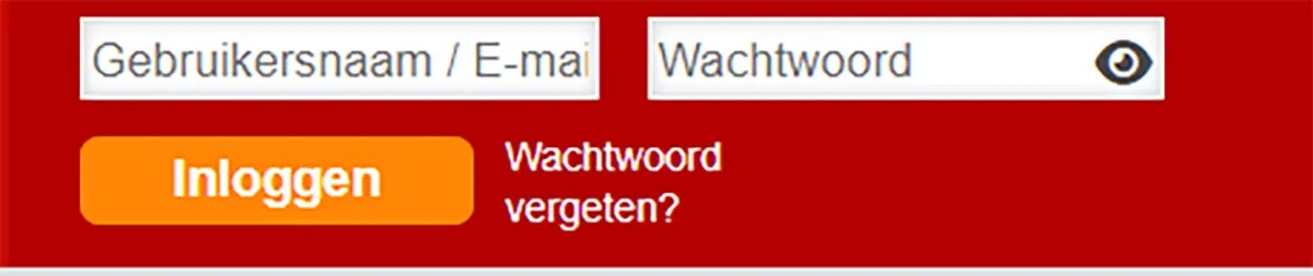 Dutch login form on a red background with fields for “Gebruikersnaam / E-mail” and “Wachtwoord,” an orange “Inloggen” button, and a “Wachtwoord vergeten?” link plus an eye icon.
