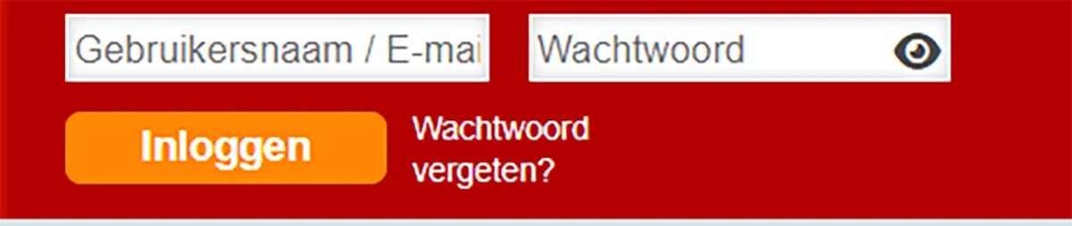Dutch login form on a red background with fields for “Gebruikersnaam / E-mail” and “Wachtwoord,” an orange “Inloggen” button, and a “Wachtwoord vergeten?” link plus an eye icon.