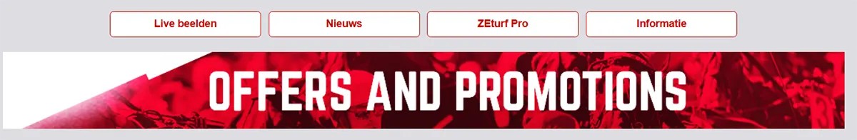 Red banner reading “OFFERS AND PROMOTIONS” with abstract sports imagery in the background and a top navigation bar with Dutch buttons: “Live beelden,” “Nieuws,” “ZEturf Pro,” and “Informatie.”