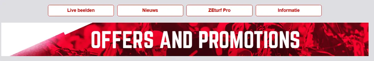 Red banner reading “OFFERS AND PROMOTIONS” with abstract sports imagery in the background and a top navigation bar with Dutch buttons: “Live beelden,” “Nieuws,” “ZEturf Pro,” and “Informatie.”